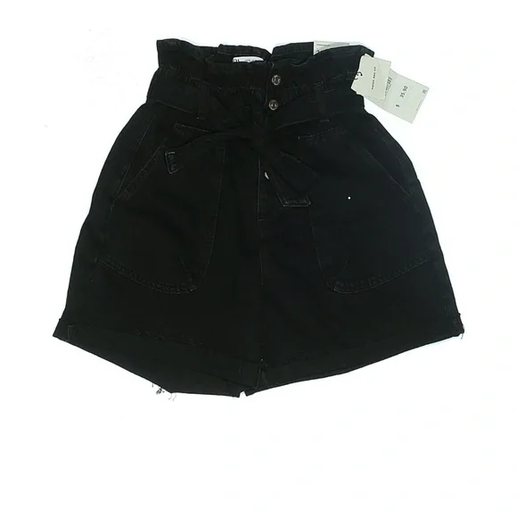 Zara Black Paperbag Waist Shorts NWT High Rise Tie Waist Denim Size 4 - Picture 2 of 4